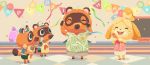  2020 absurd_res animal_crossing anthro apron birthday bottomwear brown_body brown_fur canid canine canis clothing domestic_dog eyes_closed fur group hat headgear headwear hi_res isabelle_(animal_crossing) mammal nintendo oyuonomi raccoon_dog shirt shorts tanuki timmy_nook tom_nook_(animal_crossing) tommy_nook topwear video_games 