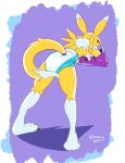  2019 absurd_res anthro arm_warmers armwear bent_over blue_eyes claws clothing diaper digimon digimon_(species) extry fur furgonomics hi_res looking_back renamon solo standing tuft white_body white_fur yellow_body yellow_fur 