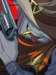  1boy ant_tenna brown_hat brown_vest bullet_in_mouth cowboy_hat crt deltarune fang grey_shirt gun hand_up hashtag-only_commentary hat highres holding holding_gun holding_weapon male_focus mooniedrabbit object_head red_background shirt simple_background smile solo teeth tongue tongue_out upper_body utdr_(toby_fox) vest weapon 