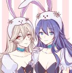  2girls animal_ears ballpoint_pen_(medium) bangs blue_eyes blue_hair breasts bunny_ears choker cleavage closed_mouth collarbone corrin_(fire_emblem) corrin_(fire_emblem)_(female) eyebrows_visible_through_hair fire_emblem fire_emblem_awakening fire_emblem_fates gloves hair_between_eyes hand_on_another&#039;s_shoulder highres long_hair looking_at_viewer lucina_(fire_emblem) medium_breasts multiple_girls orange_eyes roroichi shiny shiny_hair short_sleeves silver_hair smile traditional_media upper_body very_long_hair white_gloves 