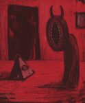  2others body_horror demon doorway eldritch_abomination faceless gestart333 hands_on_another&#039;s_shoulders highres horns horror_(theme) indoors monochrome monster multiple_others original picture_frame portrait_(object) red_theme triangle 