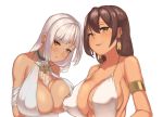  2girls :o akegs armlet azur_lane backless_dress backless_outfit bang bangs bare_shoulders blunt_bangs breast_press breasts brown_eyes brown_hair center_opening cocktail_dress covered_nipples dress earrings evening_gown eyebrows_visible_through_hair facial_mark feather_earrings finger_gun forehead_mark hair_between_eyes halter_dress halterneck highres jewelry large_breasts massachusetts_(azur_lane) massachusetts_(dressed_to_impress)_(azur_lane) multiple_girls native_american necklace open_mouth sidelocks silver_hair smile south_dakota_(azur_lane) south_dakota_(solo_concert)_(azur_lane) symmetrical_docking tan white_dress 