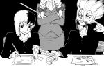  1girl 2boys asagiri_gen asymmetrical_hair bandages black_background bow braid collared_shirt crossed_arms desk doran_(doran7280) dr._stone face_mark facial_tattoo gakuran greyscale grin hair_bow hanada_nikki head_out_of_frame holding holding_pen ishigami_senkuu jacket long_hair long_sleeves looking_at_another monochrome multicolored_hair multiple_boys paper pen pencil_skirt pointer pointing school_uniform shirt short_hair sitting skirt smile snake spiked_hair sweat tattoo teacher_and_student twin_braids two-tone_hair 