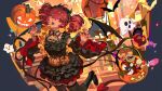  1girl absurdres bat_(animal) black_boots black_garter_straps black_sleeves black_wings boots candy candy_apple claw_pose demon_horns demon_tail demon_wings detached_sleeves dress drill_hair fangs food frills garter_straps ghost halloween halloween_bucket highres horns jack-o'-lantern kasane_teto looking_at_viewer mento musical_staff musical_staff_print pumpkin red_nails silk solo spider_web tail thighhighs twin_drills utau wings 