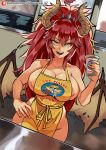  apron artist_name breaking_bad breasts counter cup curvy disposable_cup dragon_girl dragon_horns dragon_wings hand_on_own_hip highres holding holding_cup horns indie_virtual_youtuber large_breasts looking_at_viewer los_pollos_hermanos meme nipple_slip nipples red_hair ribosoma_42 ringed_eyes sideboob thighs virtual_youtuber wings yellow_eyes zentreya zentreya_(dragon) 