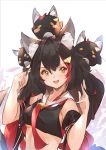  1girl :d animal_ear_fluff animal_ears black_hair blush breasts commentary crop_top detached_sleeves english_commentary hair_between_eyes hair_ornament holding holding_hair hololive long_hair looking_at_viewer majo_(pastamajo) medium_breasts midriff multicolored_hair ookami_mio open_mouth red_hair red_neckwear sideboob simple_background smile solo streaked_hair two-tone_hair underboob upper_body virtual_youtuber white_background wolf_ears yellow_eyes 