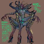  1:1 abs antennae_(anatomy) anthro arachnid arms_above_head arthropod arthropod_abdomen arthropod_taur bikini breasts brown_background claws clothing female footwear furgonomics green_eyes green_scelra hair hands_behind_head hi_res high_heels insect insect_taur japanese_text long_hair long_legs mandibles multi_arm multi_leg multi_limb muscular muscular_female non-mammal_breasts purple_hair shion_humine shoes simple_background sling_bikini solo spikes spread_eagle stripes swimwear taur text translation_request under_boob vinegaroon 