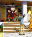  2boys ant_tenna ascot bat_ornament black_cape black_hair black_vest blue_shirt buttons cape claw_pose closed_eyes colored_tongue commentary_request cosplay crt deltarune double-breasted frankenstein&#039;s_monster frankenstein&#039;s_monster_(cosplay) full_body grass grey_pants grey_shoes hair_ornament hair_slicked_back halloween halloween_costume highres house jack-o&#039;-lantern jackenstein_(deltarune) long_nose long_sleeves male_focus multiple_boys object_head open_mouth outdoors pants pointy_nose pumpkin purple_tongue radio_antenna red_cape screw_hair_ornament shirt shoes short_hair smile spamton_g._spamton spamton_g._spamton_(big_shot) stairs stitched_face stitches tongue tongue_out utdr_(toby_fox) valve_core vampire_costume vest white_ascot white_shirt yellow_pants 