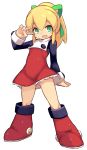  1girl arm_up blonde_hair boots dress full_body green_eyes highres karukan_(monjya) knee_boots long_hair open_mouth ponytail red_dress red_footwear rockman roll short_dress simple_background smile solo thighs v white_background 