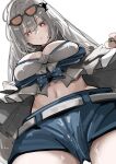  1girl absurdres arknights belt blue_shorts breasts bright_pupils commentary eyewear_on_head from_below grey_background grey_belt grey_hair grey_shirt highres large_breasts long_hair looking_at_viewer looking_down midriff official_alternate_costume parted_lips red_eyes shirt shorts simple_background skadi_(arknights) skadi_(waverider)_(arknights) solo taiiiyakiii white_pupils 