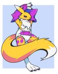  2019 anthro arm_warmers armwear blue_eyes breasts claws clothing diaper digimon digimon_(species) extry female fur hands_behind_head hi_res long_tail neck_tuft raised_arm renamon solo tuft white_body white_fur yellow_body yellow_fur ying_and_yang 