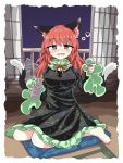  1girl alcohol alternate_hairstyle animal_ears bare_legs black_dress blue_carpet bubble cat_ears chups dress drunk extra_ears eyebrows_visible_through_hair frilled_dress frills green_frills highres kaenbyou_rin long_sleeves multiple_tails red_eyes red_hair red_nails red_neckwear shrine tail touhou two_tails 