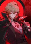  1boy absurdres alternate_costume black_jacket black_vest blonde_hair braid coat coat_on_shoulders collared_coat commentary cup english_commentary facial_tattoo fang gradient_hair halloween_costume hazozoyaku highres holding holding_cup honkai:_star_rail honkai_(series) jacket looking_at_viewer male_focus medium_hair multicolored_hair mydei_(honkai:_star_rail) mystical_high_collar neck_tattoo open_clothes open_jacket red_hair red_tattoo shirt side_braid solo tattoo upper_body vest white_shirt yellow_eyes 