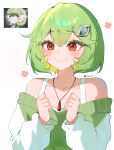  1girl absurdres anime_screenshot_inset artist_name blush bob_cut commentary gardevoir green_hair hair_ornament hairpin highres humanization jewelry mega_stone necklace pink_eyes pokemon pokemon_(anime) pokemon_(creature) poketoon simple_background weiic white_background 