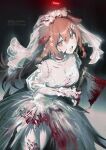  1girl absurdres alternate_costume axe blood blood_on_clothes blood_on_face blood_on_weapon braid breasts bridal_veil brown_eyes brown_hair choker cleavage dog_girl dog_tail dress exit_sign frilled_choker frills gloves heart heart-shaped_pupils highres holding holding_axe hololive inugami_korone medium_breasts solo symbol-shaped_pupils tail torn_clothes torn_dress tsubameno twin_braids veil virtual_youtuber weapon wedding_dress white_dress white_gloves white_veil 