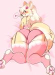  &lt;3 bed blue_eyes blush canid canine canis clothing digital_media_(artwork) domestic_dog female flower furniture garter_straps hand_on_face hi_res legwear looking_at_viewer looking_back lying mammal on_front panties pawpads pink_bra pink_clothing pink_panties pink_thigh_highs pink_underwear plant rear_view rice324 simple_background solo thigh_highs underwear 