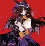  1girl animal_ears bat_wings black_gloves black_skirt blue_flower blue_rose bow brown_hair closed_mouth flipped_hair flower frilled_hairband frills gloves hair_over_one_eye hairband halloween halloween_costume highres horse_ears horse_girl illtenji long_hair looking_at_viewer official_alternate_costume puffy_short_sleeves puffy_sleeves purple_eyes purple_skirt purple_wings red_background rice_shower_(make_up_vampire!)_(umamusume) rice_shower_(umamusume) rose shirt short_sleeves silk skirt solo spider_web teardrop umamusume white_shirt wings 