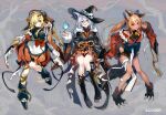  3girls alternate_costume animal_ears apron aqua_eyes bakatare_(hololive) bell black_boots black_collar black_hakama black_kimono black_leg_warmers black_socks blonde_hair blue_fire boots bow cape collar commentary_request copyright_name double-parted_bangs elf fire fox_ears fox_girl fox_tail frilled_apron frilled_sleeves frills full_body fur-trimmed_cape fur_trim hair_between_eyes hair_bow hair_ornament hairclip hakama hakama_short_skirt hakama_skirt halloween hat high_ponytail hololive horns japanese_clothes kimono kneehighs knees_together_feet_apart lace-up_boots leg_warmers long_hair multicolored_hair multiple_girls neck_bell official_art orange_kimono pentagram pisuke_wan pointy_ears ponytail purple_eyes sheep_ears sheep_girl sheep_horns shirakami_fubuki shiranui_flare sidelocks skirt socks streaked_hair tail torn_clothes torn_socks tsunomaki_watame very_long_hair virtual_youtuber white_apron white_hair wide_sleeves witch_hat 