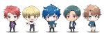  5boys argonavis_from_bang_dream! bang_dream! blonde_hair blue_hair blush brown_hair chibi dark_skin dark_skinned_male goryou_yuuto green_hair hand_on_hip kikyou_riou male_focus matoba_wataru mole multiple_boys nanahoshi_ren red_hair scarf shadow shiroishi_banri simple_background turtleneck white_background 