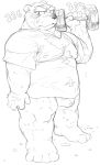  2020 anthro blush bodily_fluids bulge clothing daich exercise hi_res humanoid_hands kemono male mammal monochrome overweight overweight_male shirt simple_background solo sweat topwear underwear ursid wet white_background workout 