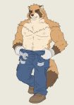 2020 anthro black_nose bottomwear brown_body brown_fur canid canine clothing eyes_closed fur humanoid_hands jacklantern_11 kemono male mammal nipples pants raccoon_dog simple_background solo tanuki 