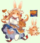  1girl animal_ears aoneko blush breasts brown_hair bunny bunny_ears bunny_girl closed_eyes commentary_request copyright_request eating food furry green_background hair_between_eyes hand_on_own_cheek holding holding_food index_finger_raised large_breasts long_hair multiple_views orange_eyes pie simple_background thighhighs white_legwear yellow_fur 