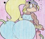  2014 abs anthro big_butt blonde_hair blue_clothing blue_eyes butt butt_expansion clothing donkey_kong_(series) ear_piercing female hair haplorhine inflation looking_back mammal monkey nintendo piercing pink_background primate pump rear_view simple_background solo tiny_kong traditional_media_(artwork) video_games virus-20 