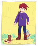  1boy bangs bird blue_pants boots brown_bag brown_footwear brown_hair bush commentary_request gary_oak grass holding itome_(funori1) jewelry long_sleeves looking_down male_focus necklace open_mouth outdoors pants pidgey pokemon pokemon_(anime) pokemon_(classic_anime) pokemon_(creature) purple_shirt shirt short_hair spiked_hair squirtle standing sweatdrop tree 