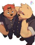  2020 absurd_res anthro belly blue_eyes bottomwear brown_body brown_fur canid canine canis clothing domestic_dog duo fur hat headgear headwear hi_res hug kemono male mammal overweight overweight_male pants piero03432812 shirt simple_background topwear white_background 