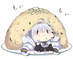  1girl :t antenna_hair bangs black_jacket braid breasts chibi closed_mouth commentary_request eating food food_on_face fried_rice hair_between_eyes hair_ornament headset in_food jacket kizuna_akari large_breasts long_hair long_sleeves milkpanda minigirl plate puffy_long_sleeves puffy_sleeves rice rice_on_face shirt silver_hair solid_oval_eyes solo twin_braids twintails very_long_hair voiceroid wavy_mouth white_background white_shirt 