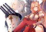  1girl azur_lane bare_shoulders black_gloves book breasts cleavage detached_sleeves dress eyebrows_visible_through_hair fleur_de_lis french_flag gloves highres holding holding_book juliet_sleeves long_hair long_sleeves looking_at_viewer maltese_cross medium_breasts orange_hair pink_eyes puffy_sleeves red_legwear richelieu_(azur_lane) rigging shika_(shika0) simple_background sitting smile thighhighs white_dress 