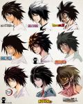  1boy a2twilldraw black_eyes black_hair bleach boku_no_hero_academia closed_mouth death_note dragon_ball dragon_ball_z english_commentary gotouge_koyoharu_(style) highres horikoshi_kouhei_(style) isayama_hajime_(style) japanese_clothes kimetsu_no_yaiba kimono kishimoto_masashi_(style) kubo_taito_(style) l_(death_note) looking_at_viewer male_focus multiple_views naruto_(series) oda_eiichirou_(style) one_piece open_mouth parody pointy_ears school_uniform shingeki_no_kyojin short_hair spiked_hair style_parody titan_(shingeki_no_kyojin) toriyama_akira_(style) u.a._school_uniform upper_body white_kimono 