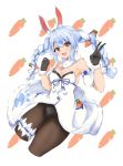  1girl :d animal_ear_fluff animal_ears bangs bare_shoulders black_gloves black_legwear blue_hair blue_ribbon bow breasts bright_pupils bunny_ears carrot carrot_hair_ornament cleavage cropped_legs detached_sleeves eyebrows_visible_through_hair food_themed_hair_ornament fur-trimmed_gloves fur_trim gloves hair_between_eyes hair_bow hair_ornament highres hololive long_hair looking_at_viewer open_mouth pantyhose pocket pom_pom_(clothes) puffy_short_sleeves puffy_sleeves red_eyes ribbon ribbon_trim scarf short_sleeves small_breasts smile solo teeth thick_eyebrows thigh_strap usada_pekora v v-shaped_eyebrows virtual_youtuber white_background white_bow white_pupils white_scarf yorughi 