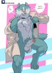  4_toes 5_fingers anthro ball_tuft balls biped blue_body blue_eyes blue_fur blue_tail blush canid canine canis chest_tuft claws clothed clothing coat collar dialogue embarrassed english_text erection fingers foreskin fur genitals hi_res humanoid_genitalia humanoid_penis inner_ear_fluff looking_away male mammal multicolored_body multicolored_fur negger partially_clothed paws penis pubes shirou_ogami simple_background solo speech_bubble teeth text toe_claws toes topwear tuft two_tone_body two_tone_fur two_tone_tail uncut undressing url vein veiny_penis white_body white_fur white_tail wolf 