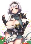  1girl bangs belt belt_buckle black_belt black_gloves black_hairband braid breasts buckle buttons cleavage clenched_hand closed_mouth deto fingerless_gloves gloves green_eyes hairband hand_on_hip hand_up highres hololive huge_breasts looking_at_viewer mole mole_on_breast shirogane_noel silver_hair single_spaulder smile twitter_username virtual_youtuber 