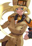  1girl ashiomi_masato black_gloves blonde_hair blue_eyes brown_jacket brown_legwear chromatic_aberration commentary_request fingerless_gloves fur_hat gloves guilty_gear guilty_gear_strive hat jacket long_hair millia_rage pantyhose solo ushanka 