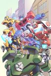  1girl autobot bulkhead bumblebee clenched_hands dog energy_axe from_side highres jazz_(transformers) lantana0_0 mecha one_eye_closed open_mouth optimus_prime ratchet red_hair sari_sumdac transformers transformers_animated twintails visor younger 