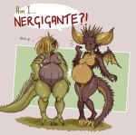  anthro big_tail bird_wyvern blonde_hair breasts capcom chubby_female curvy_figure cute_fangs dialogue dragon duo elder_dragon fangs featureless_breasts featureless_crotch female hair hand_on_hip hand_on_thigh hi_res horn humanoid humor lizard medium_breasts monster monster_hunter navel nergigante non-mammal_breasts outie_navel pregnant pukei-pukei pun reptile sagging_breasts scalie slightly_chubby slit_pupils small_breasts speech_bubble spikes teeth thick_thighs unknown_artist video_games voluptuous wide_hips wings 