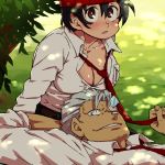  1boy 1girl andy_(undead_unluck) black_hair blue_eyes breasts brown_eyes cleavage dappled_sunlight day glass_shards hair_between_eyes izumo_fuuko large_breasts lying necktie on_back outdoors red_headwear red_neckwear shirt short_hair silver_hair sitting smile sunlight tan undead_unluck white_shirt 