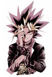  1boy black_hair blonde_hair card chain choker closed_mouth da_huang fingernails hand_over_eye holding holding_card jacket jewelry male_focus multicolored multicolored_hair muted_color necklace pink_eyes pink_hair simple_background smile solo upper_body white_background yami_yuugi yuu-gi-ou 
