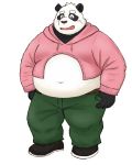  2020 4:5 anthro belly black_body black_fur blush bottomwear clothing fur giant_panda hi_res hoodie humanoid_hands kemono male mammal navel overweight overweight_male pants simple_background solo topwear ursid white_background white_body white_fur yaki_atsuage 