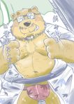  2020 anthro asian_clothing belly black_nose blush brown_body brown_fur clothing dain_4201 east_asian_clothing eyewear fundoshi fur glasses hi_res japanese_clothing kemono male mammal moobs navel overweight overweight_male robe solo underwear undressing ursid 