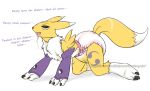  anthro armwear blue_eyes bodily_fluids clothing craymin diaper digimon digimon_(species) dipstick_tail drooling english_text fur furgonomics genital_fluids kneeling leaking_diaper multicolored_tail open_mouth renamon saliva solo text tongue tongue_out urine wet_diaper wetting white_body white_fur yellow_body yellow_fur 