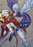  1boy 1girl armlet blue_earrings blue_eyes blue_hair blue_skin cape eye_contact fi ghirahim gloves grey_background highres holding holding_sword holding_weapon jewelry kiri_hinowa looking_at_another pants pantyhose pointy_ears red_cape short_hair sword the_legend_of_zelda the_legend_of_zelda:_skyward_sword weapon white_gloves white_hair 