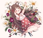  animal_ears bare_legs barefoot blush brown_hair dolphro-kun eyebrows eyebrows_visible_through_hair flower green_eyes hair_ornament hair_ribbon highres long_hair looking_at_viewer one_eye_closed open_mouth original ribbon yawning 