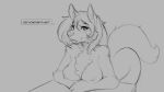  16:9 2020 anthro big_breasts breast_rest breasts canid canine canis clothing dialogue english_text female fur grey_background hair looking_at_viewer mammal monochrome nipples nude simple_background solo talking_to_viewer text watsup widescreen wolf 