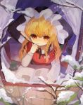  1girl black_headwear black_neckwear black_vest blonde_hair book braid branch commentary_request cup hand_up hat highres holding holding_quill indoors kirisame_marisa long_hair long_sleeves neck_ribbon quill reading red_scarf ribbon scarf shirt shoudoku_taishi_(taishi) single_braid sitting snow solo thinking touhou vest white_shirt window winter witch_hat yellow_eyes 