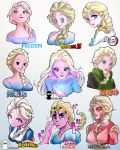  1girl a2twilldraw araki_hirohiko_(style) blonde_hair blue_eyes boku_no_hero_academia braid breasts closed_mouth copyright_name dragon_ball dragon_ball_z elsa_(frozen) frozen_(disney) gotouge_koyoharu_(style) highres horikoshi_kouhei_(style) isayama_hajime_(style) jojo_no_kimyou_na_bouken kimetsu_no_yaiba kishimoto_masashi_(style) large_breasts lips looking_at_viewer medium_hair multiple_views naruto_(series) oda_eiichirou_(style) one_piece parody parted_lips shingeki_no_kyojin smile style_parody titan_(shingeki_no_kyojin) toriyama_akira_(style) u.a._gym_uniform upper_body 