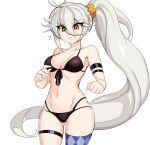  1girl armband ass_visible_through_thighs bikini black_bikini blue_legwear breasts clenched_teeth english_commentary front-tie_top girls_frontline grey_hair groin groin_tendon hair_between_eyes long_hair medium_breasts navel pkp_(girls_frontline) ponytail single_thighhigh solo steam_captein swimsuit teeth thighhighs thighs very_long_hair white_background yellow_eyes 