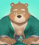 2020 anthro belly blue_background blush bottomwear brown_body brown_fur clothing fur hi_res humanoid_hands kemono male mammal neiiio overweight overweight_male pants simple_background solo ursid 